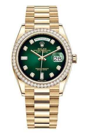Rolex Day-Date Yellow Gold Green Ombre Diamond Dial Diamond Bezel Women's Watch M128348RBR-0035