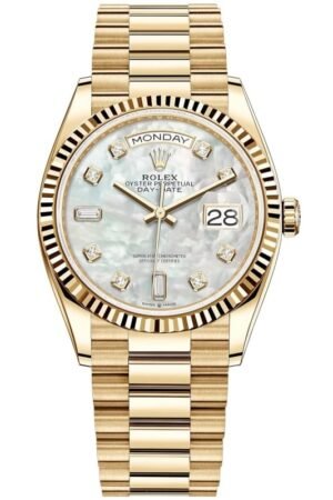 Rolex Day-Date Yellow Gold Mother of Pearl Diamond Dial Women's Watch M128238-0011