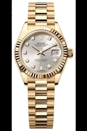 Rolex Lady-Datejust 28 Automatic Silver Diamond Dial 18K Yellow Gold Women's Watch M279178-0015