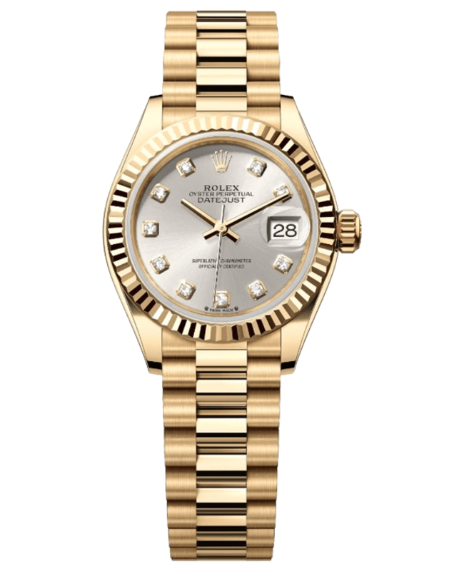 Rolex Lady-Datejust 28 Automatic Silver Diamond Dial 18K Yellow Gold Women's Watch M279178-0015