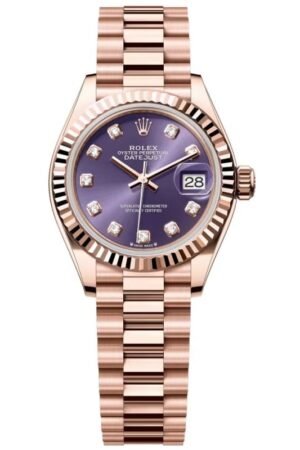Rolex Lady-Datejust 28 Everose Gold Automatic Diamond Purple Dial President Bracelet Women's Watch M279175-0019