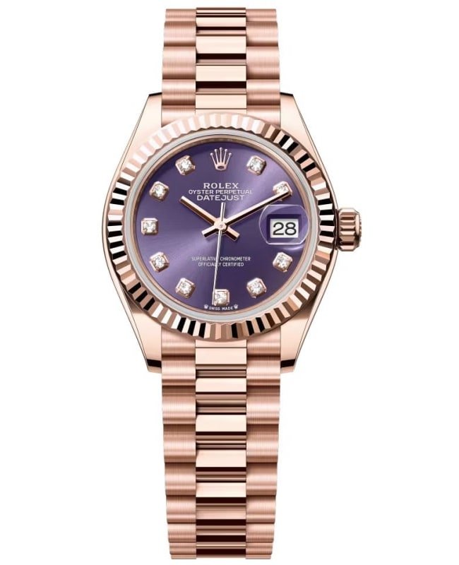 Rolex Lady-Datejust 28 Everose Gold Automatic Diamond Purple Dial President Bracelet Women's Watch M279175-0019