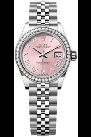 Rolex Lady-Datejust 28 Stainless Steel and White Gold Automatic Pink Dial Diamond Bezel Jubilee Bracelet Women's Watch M279384RBR-0005