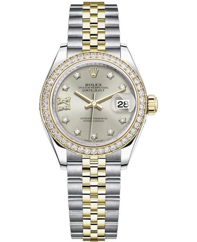 Rolex Lady-Datejust 28 Stainless Steel and Yellow Gold Silver Diamond Dial Women's Watch M279383RBR-0003